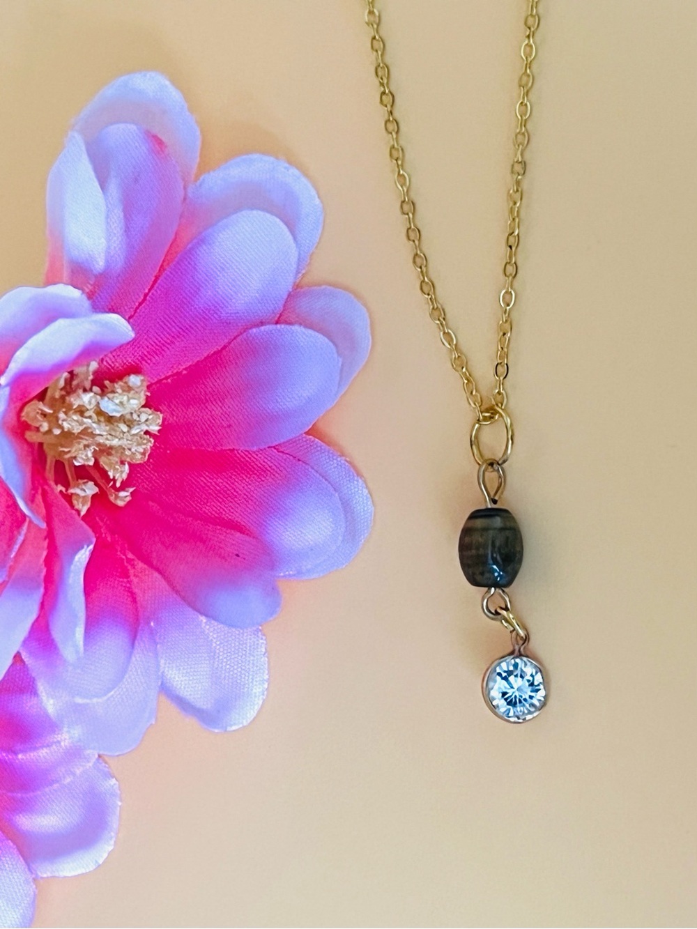 Gold plated Pendant Necklace with tigers eye and Clear Crystal